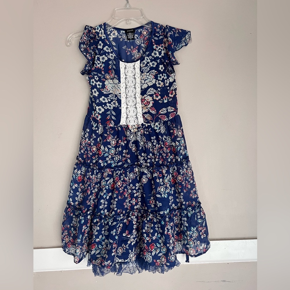 Zunie Blue Floral Dress with Lace Accent